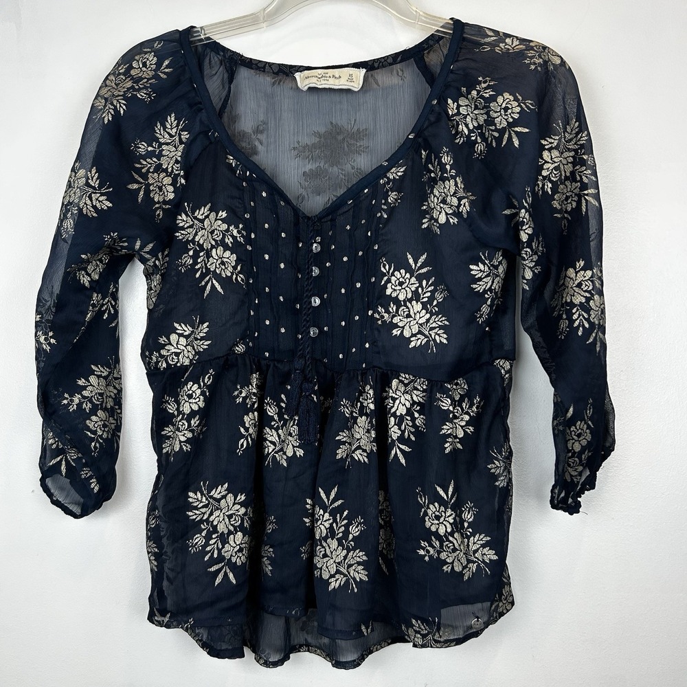 Abercrombie Fitch Top Women XS Blue Sheer Babydoll Witchy Dark Cottagecore Y2K